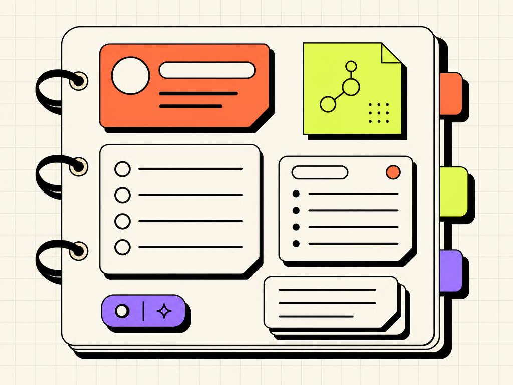 Illustration of a personal AI runbook: a tabbed notebook of prompt cards and checklists